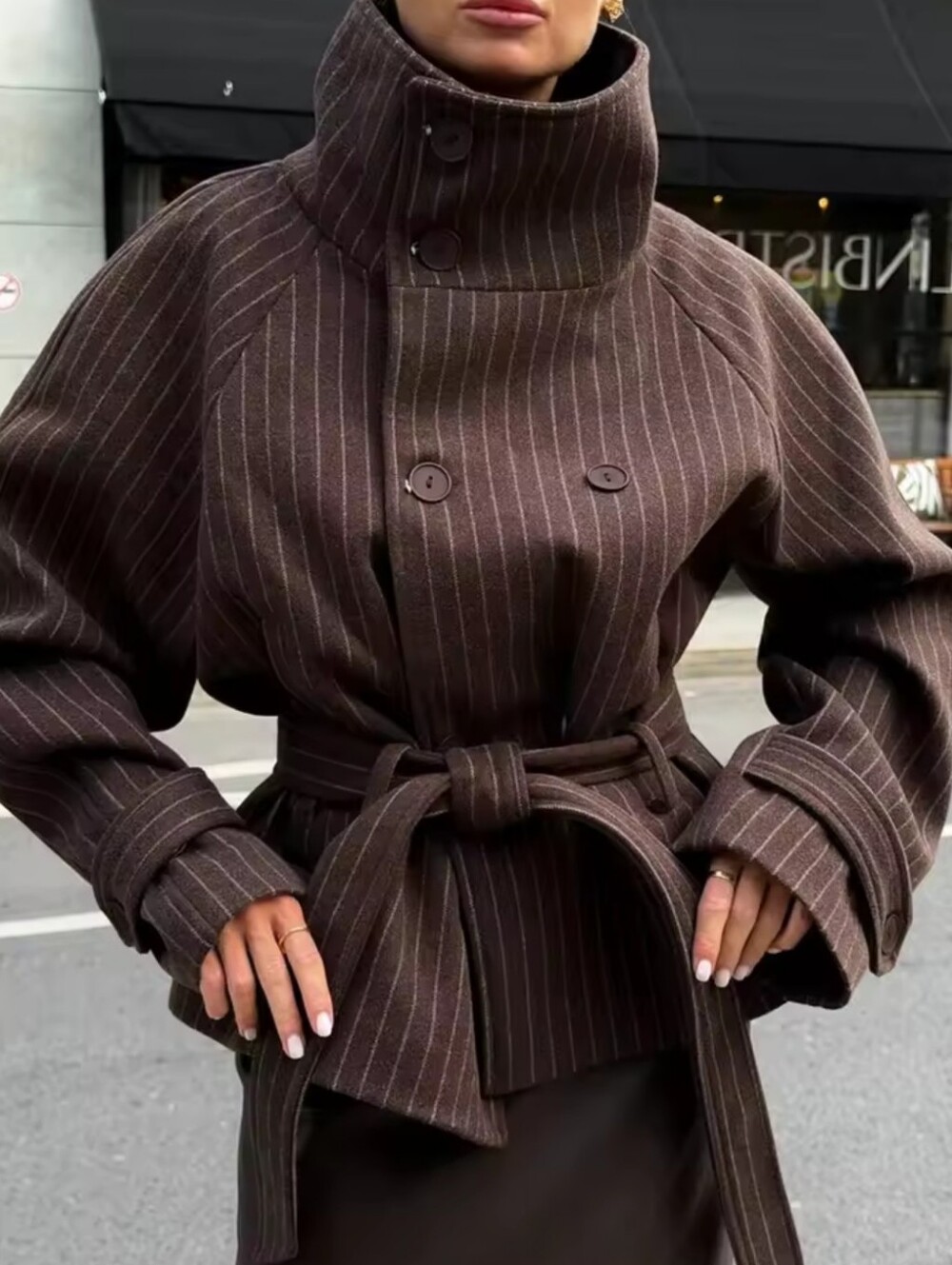 Women Vertical Striped Short Faux Woolen Coat High Neck Lace Up Belt Tie Waist